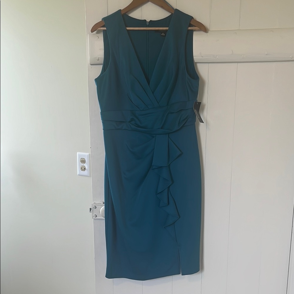 Sleeveless Teal Wrap-Front Midi Dress with Ruffle Detail